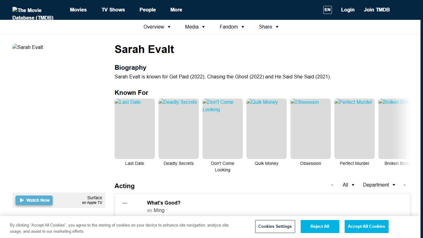 Sarah Evalt — The Movie Database (TMDB)